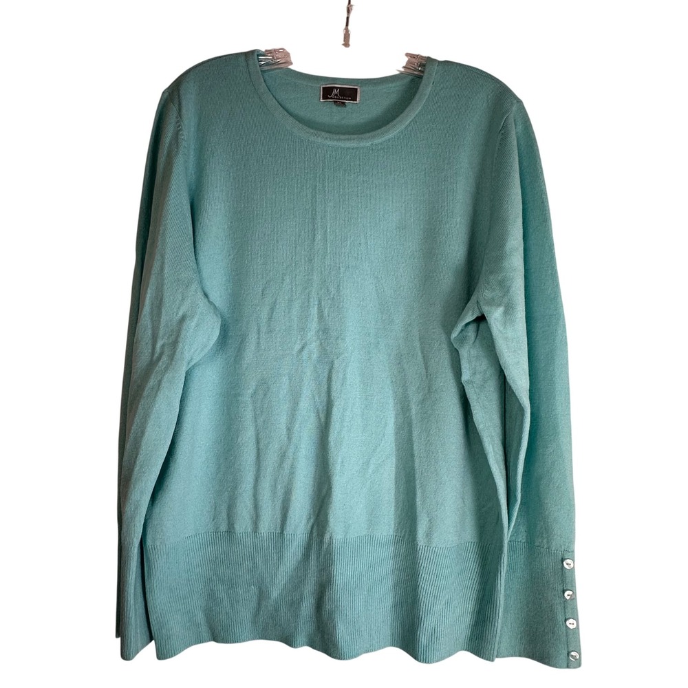 JM Collection Womens XL Aqua Blue Crew Neck Long Sleeve Button Cuff Knit Sweater